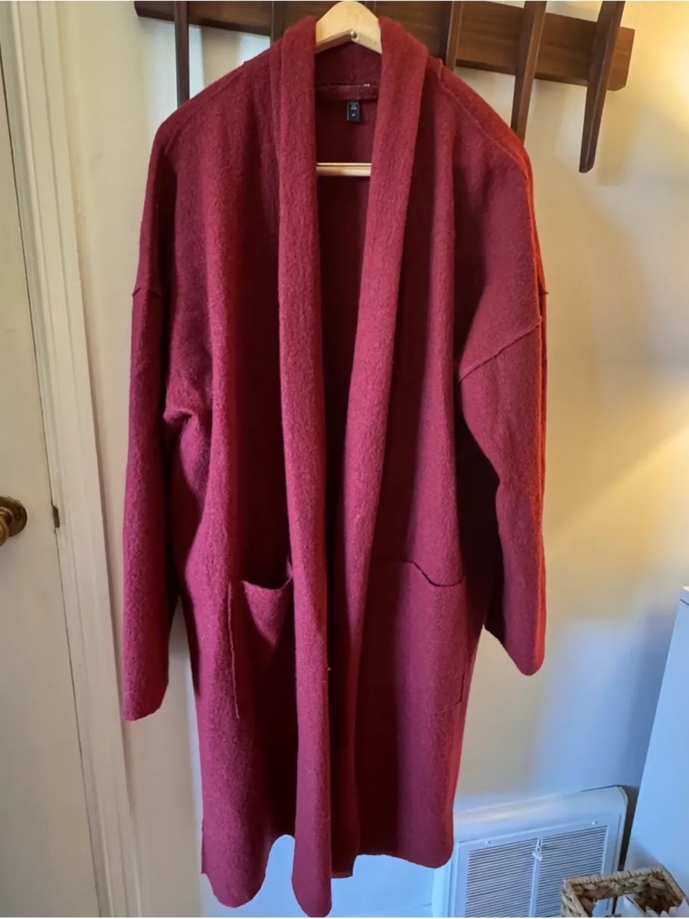 Eileen Fisher Shawl Collar Open-Front Long Sweater Coat in Red Cedar
